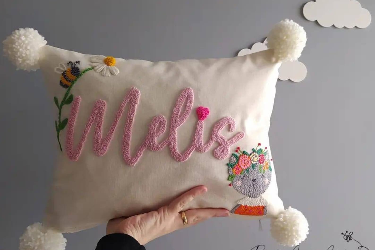 Embroidery Baby Name Pillow, Punch Needle Custom Name Pillow Case, Embroidery Cat Face, Floral