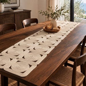 May include: A long, off-white table runner made of thick, braided cord arranged in a repeating pattern of concentric circles enclosed within square frames. The runner is laid flat along the centre of a dark brown wooden dining table.