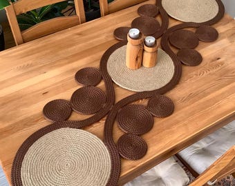 Boho Jute Table Runner with Round Woven Design - Handmade Rustic Farmhouse Table Cover - Natural Rope Table Cloth