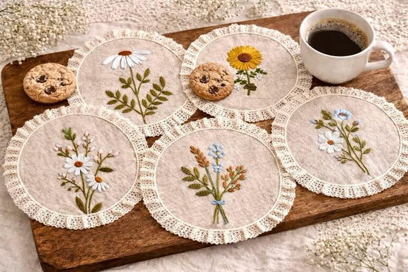 Set of 6 Embroidered Floral Linen Placemats – Lace Trim Boho ...