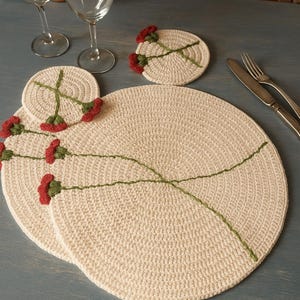 Crochet Placemat & Coaster Set: Floral Embroidered Boho Table Decor
