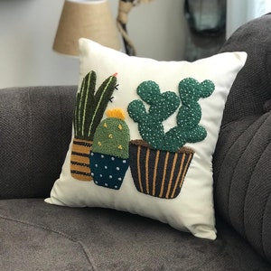 Cactus Punch Embroidery Pillow Case- Pillow Cover with Floral Punch Accents - Unique Cactus Cushion for Home Décor - Housewarming Gift