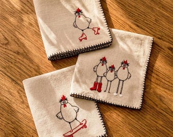 Set van 6 stoffen servetten met kippenborduurwerk - Landelijke linnen dinerservetten - Grappige keukendoeken met kippenmotief - Rustieke tafeldecoratie
