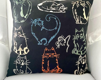 Hand Embroidered Black Cat Pillow Cover – Boho Sketch Style Cushion (45x45cm)