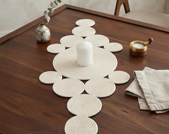 Handmade Cotton Rope Table Runner - Cream Boho Circle Runner - Coiled Woven Centerpiece - Modern Farmhouse Dining Table Decor