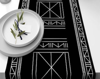 African Table Runner: Black & White Ethnic Suede Cloth