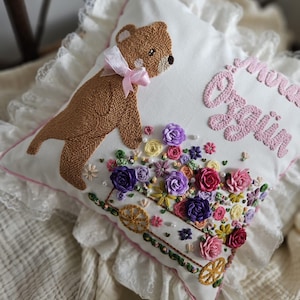 Embroidered Baby Pillow Sham with Lace  – Personalized Name Pillowcase – Bear & Floral Design – Keepsake Gift for Newborn or Christening