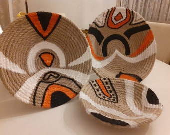 Conjunto de arte de pared con cestas de yute tejidas a mano: decoración bohemia para el hogar