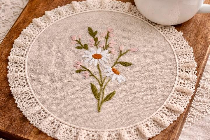 Set of 6 Embroidered Floral Linen Placemats – Lace Trim Boho ...