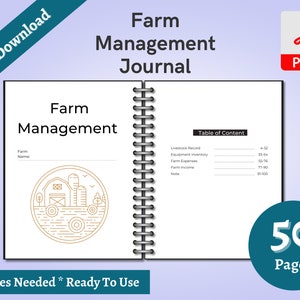 May include: A printable PDF download of a farm management journal with a black and white cover featuring a line drawing of a farm with a barn, silos, and fields. The journal has 50 pages and includes sections for livestock records, equipment inventory, farm expenses, farm income, and notes.