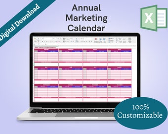 May include: A laptop screen displaying a spreadsheet with a pink and purple annual content calendar overview. The spreadsheet is titled "Annual Content Calendar Overview" and includes months from January to December. The laptop is on a purple background with the text "Digital Download" in a white box and "100% Customizable" in a teal box. The text "Annual Marketing Calendar" is in a white box with a green and white Excel icon.