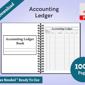 May include: A black and white printable accounting ledger book with 100+ pages. The cover has the text "Accounting Ledger Book" and the inside page has the text "Accounting Ledger".
