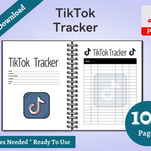 May include: A printable TikTok tracker with 100 pages. The tracker has a black and white design with a TikTok logo. The tracker includes sections for date, name, address, email address, website, and phone number.