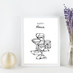 Happy Hour Cocktail Art Print Carrinho de bar Decoração de parede Cocktail Print Bar Cart Art Bar Cocktail Bar Álcool Beber Bar para impressão em preto e branco
