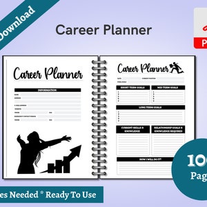 Peut inclure: Un planificateur de carrière imprimable en noir et blanc avec 100 pages. Le planificateur comprend des sections pour les objectifs à court terme, à moyen terme et à long terme, ainsi que les compétences et les connaissances actuelles, les objectifs et les connaissances relationnelles nécessaires, et comment vous allez le faire.