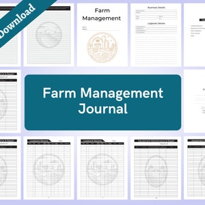 May include: A printable farm management journal with a black and white design. The journal includes sections for business details, logbook details, equipment maintenance and repair, livestock record, and contact info. The cover features a stylized illustration of a farm with a farmhouse, fields, and a barn.