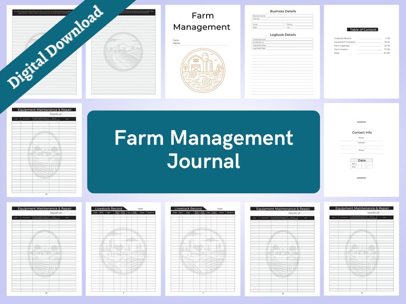 May include: A printable farm management journal with a black and white design. The journal includes sections for business details, logbook details, equipment maintenance and repair, livestock record, and contact info. The cover features a stylized illustration of a farm with a farmhouse, fields, and a barn.