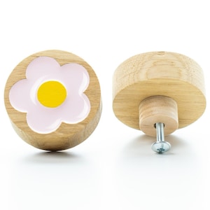 DRAWER KNOB baby pink FLOWER daisy oak wood with epoxy resin, flower dresser knob, nursery decor, kids furniture knob, drawer pulls
