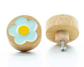 DRAWER KNOB light mint FLOWER daisy oak wood with epoxy resin, flower dresser knob, nursery decor, kids furniture knob, drawer pulls