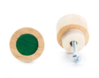 LADEKNOP groen en eikenhout met epoxyhars, ronde dressoirknop, modern designmeubilair, kindermeubilair, lade trekt geometrisch