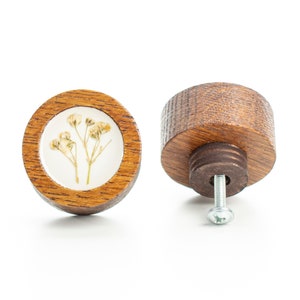 May include: A pair of round wooden knobs with a pressed flower design. The knobs are brown with a white background and feature a dried flower design. The knobs are shown from the front and side.