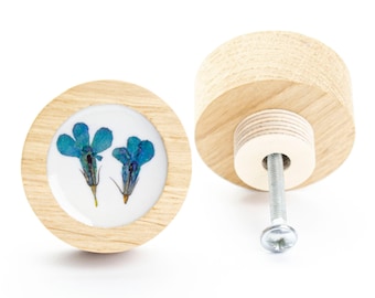 4 cm/1.57&quot; DRAWER KNOB boho blue dried flower oak wood with epoxy resin, flower dresser knob, modern design, drawer pulls, romantic knob
