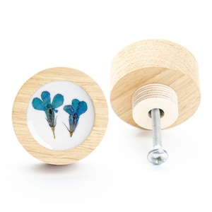 4 cm/1,57" LADE KNOP boho blauw gedroogd bloem eikenhout met epoxyhars, bloemendresser knop, modern design, lade trekt, romantische knop