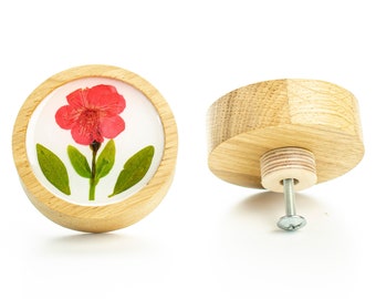 6 cm/2.36" DRAWER KNOB boho red dried flower oak wood with epoxy resin, flower dresser knob, modern design, drawer pulls, romantic knob