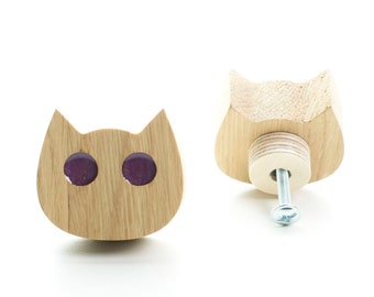 DRAWER KNOB Kitty cat purple eyes oak wood with epoxy resin, flower dresser knob, modern design furniture, kid furniture knob, drawer pull