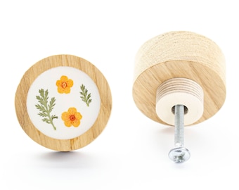 4 cm/1.57&quot; DRAWER KNOB boho orange dried flower oak wood with epoxy resin, flower dresser knob, modern design, drawer pulls, romantic knob