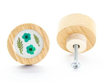 4 cm/1.57&quot; DRAWER KNOB boho blue dried flower oak wood with epoxy resin, flower dresser knob, modern design, drawer pulls, romantic knob