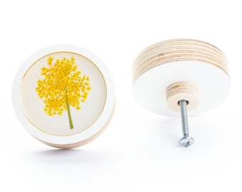 6 cm/2.36" YELLOW FLOWERS KNOB wood with epoxy resin, flower dresser knob, drawer pulls, romantic boho handle, nursery knob