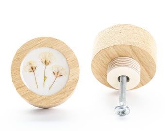 4 cm/1.57" DRAWER KNOB boho white dried flower oak wood with epoxy resin, flower dresser knob, modern design, drawer pulls, romantic knob