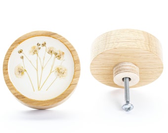 6 cm/2.36" Gypsophila DRAWER KNOB boho dried flower oak wood with epoxy resin, flower dresser knob, modern, drawer pulls, romantic knob