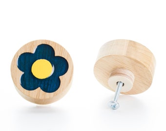 DRAWER KNOB darm blue FLOWER oak wood with epoxy resin, flower dresser knob, modern design furniture, kids furniture knob, drawer pulls