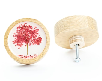 6 cm/2.36" RED FLOWERS KNOB oak wood with epoxy resin, flower dresser knob, modern design furniture, drawer pulls, romantic knob