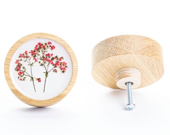 6 cm/2.36" DRAWER KNOB boho red dried flower oak wood with epoxy resin, flower dresser knob, modern design, drawer pulls, romantic knob