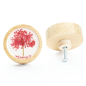 Op de afbeelding: Een ronde houten knop met een rood geperst bloemmotief in het midden. De knop heeft een schroef aan de achterkant om te bevestigen aan een lade of kast.