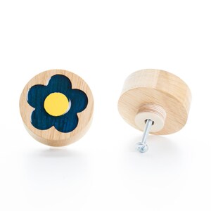 DRAWER KNOB darm blue FLOWER oak wood with epoxy resin, flower dresser knob, modern design furniture, kids furniture knob, drawer pulls