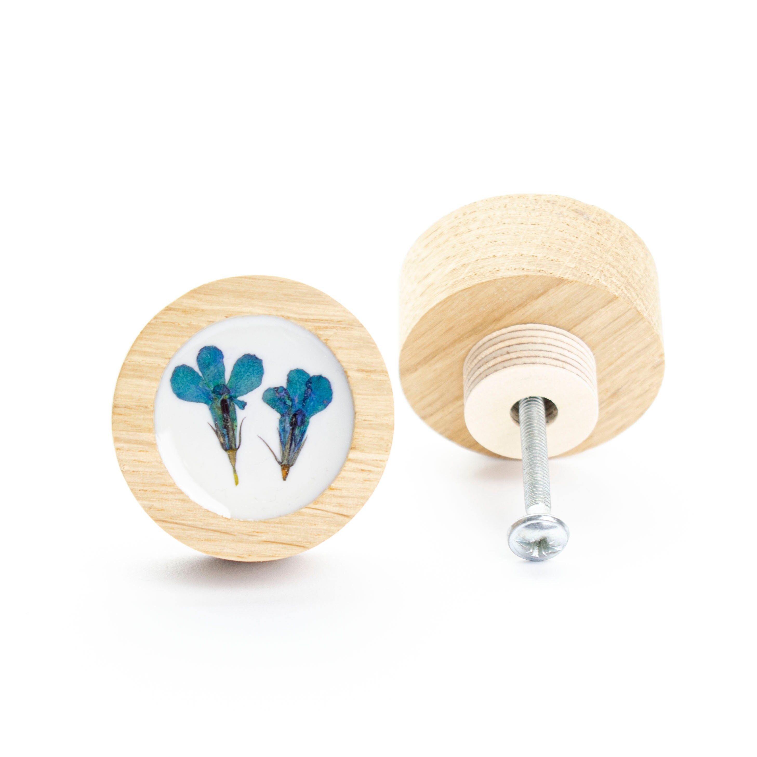 bouton de tiroir 4 cm/1, 57 po. boho fleur séchée bleu bois de chêne avec résine époxy, bouton commode fleurie, design moderne, poignées