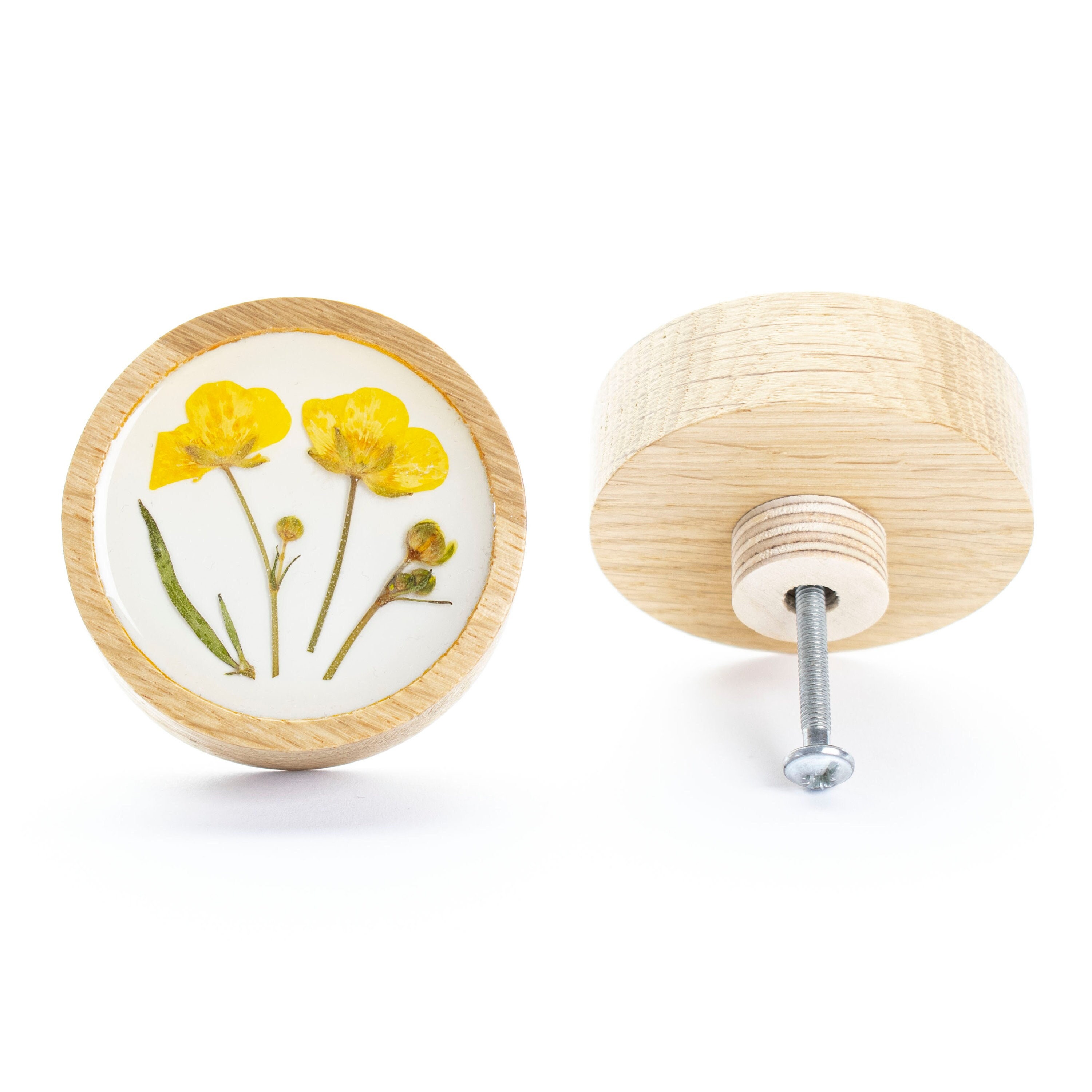 bouton de tiroir 6 cm/2, 36 po. boho, fleurs séchées jaunes, bois de chêne avec résine époxy, bouton commode fleurie, design moderne, poignées