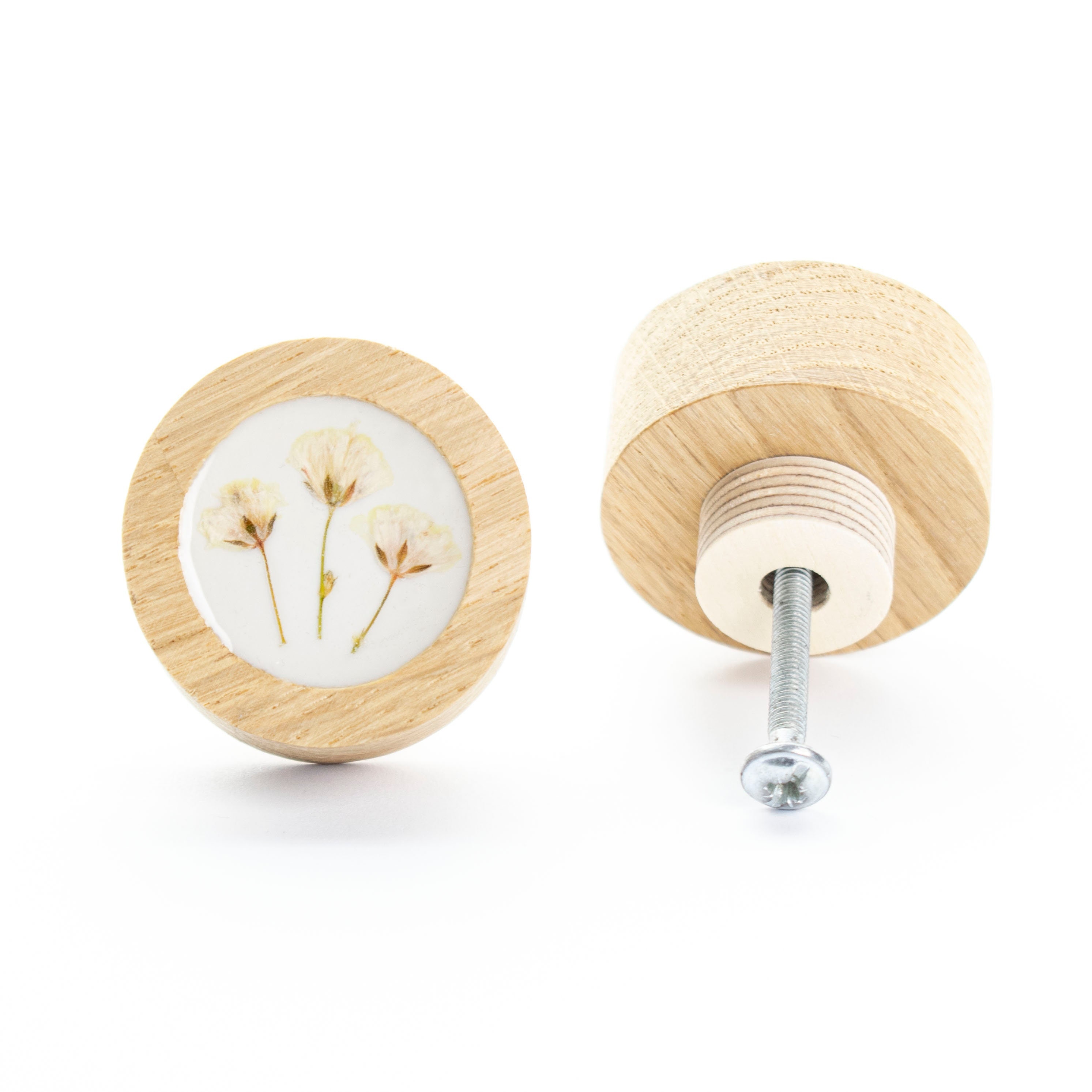 4 cm/1.57" DRAWER KNOB boho white dried flower oak wood with epoxy resin, flower dresser knob, modern design, drawer pulls, romantic knob