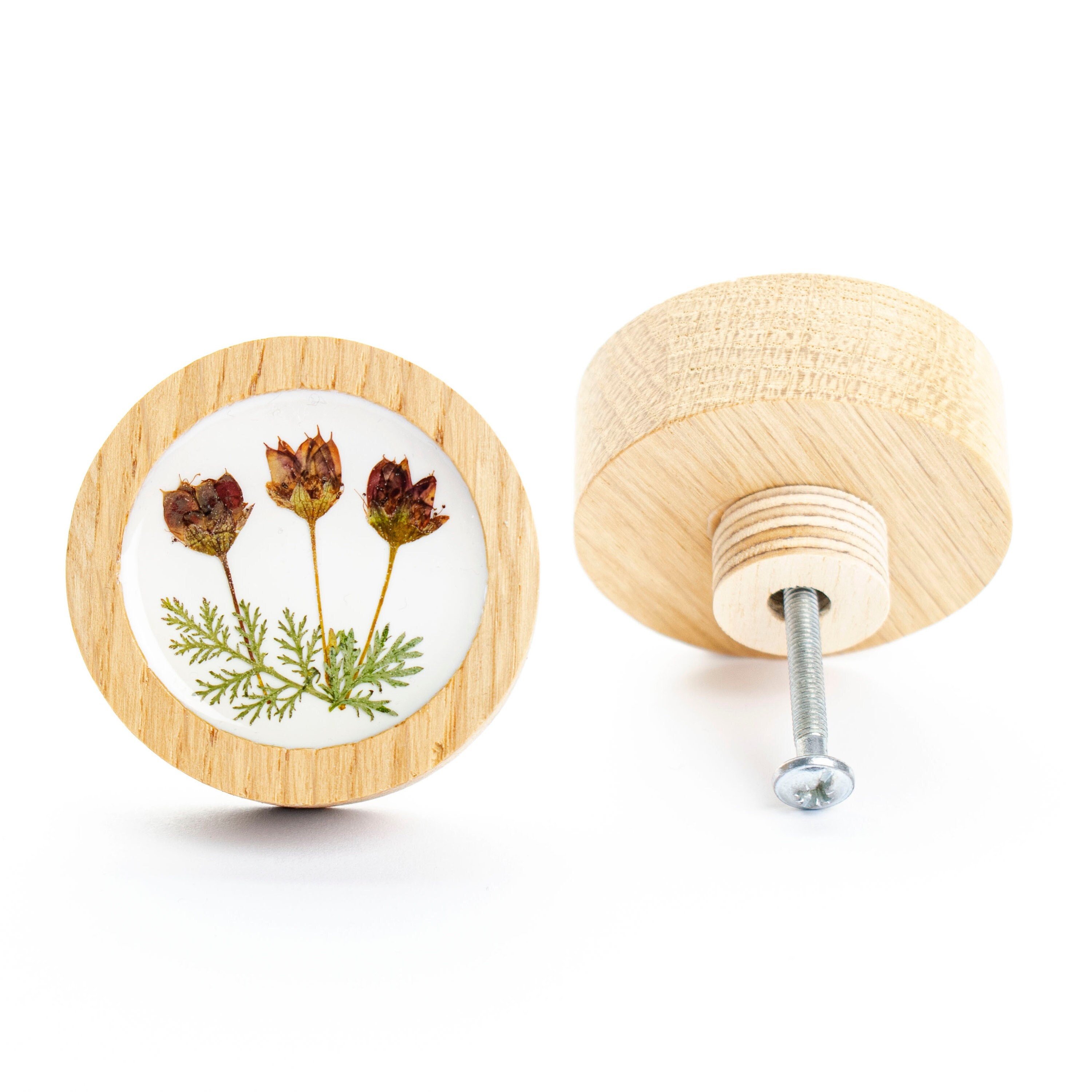 bouton de tiroir 5 cm/2 po. bohème, fleurs séchées naturelles, bois de chêne avec résine époxy, bouton commode fleurie, design moderne