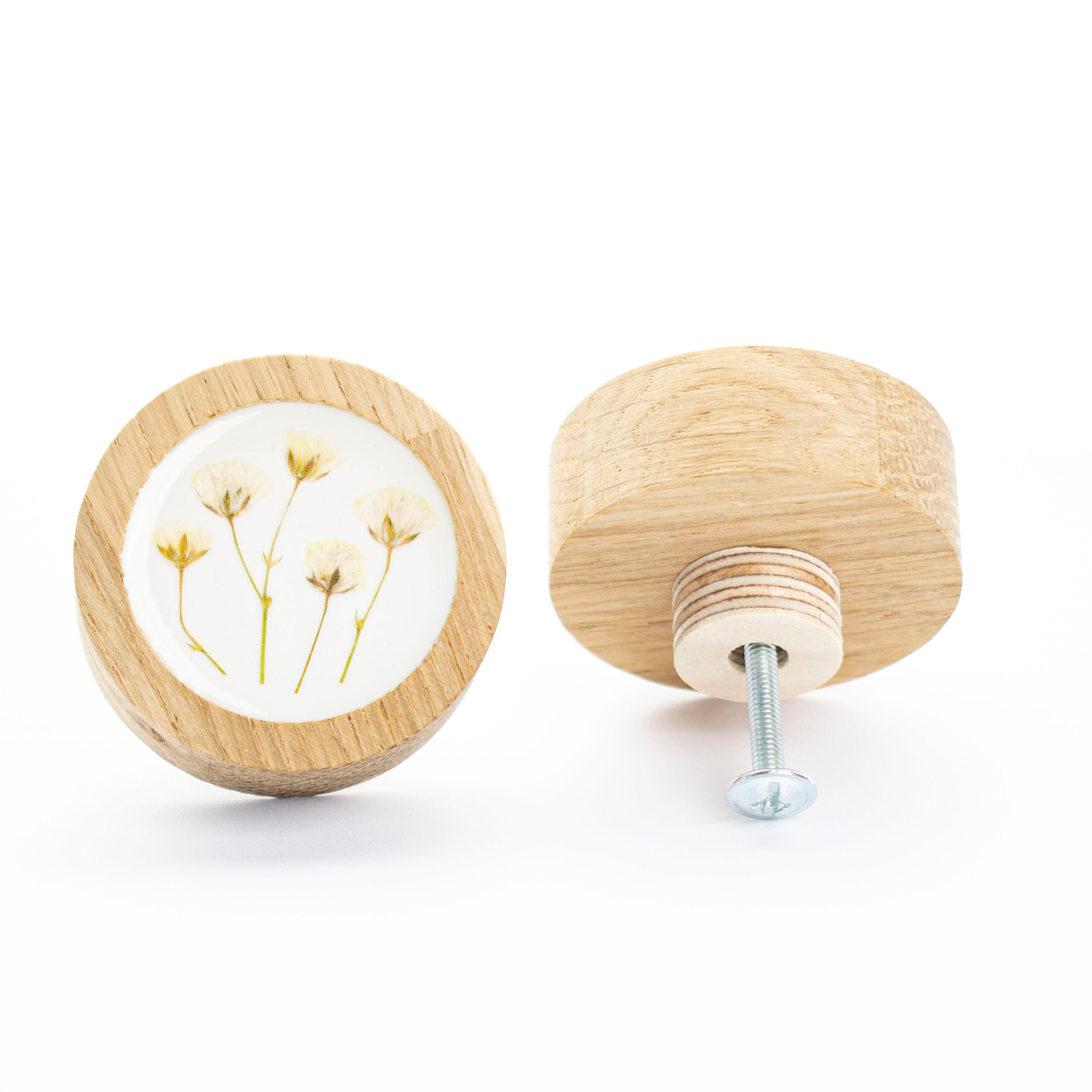 bouton de tiroir 5 cm/2 po. boho fleur séchée jaune bois de chêne avec résine époxy, bouton commode fleurie, design moderne, poignées tiroir