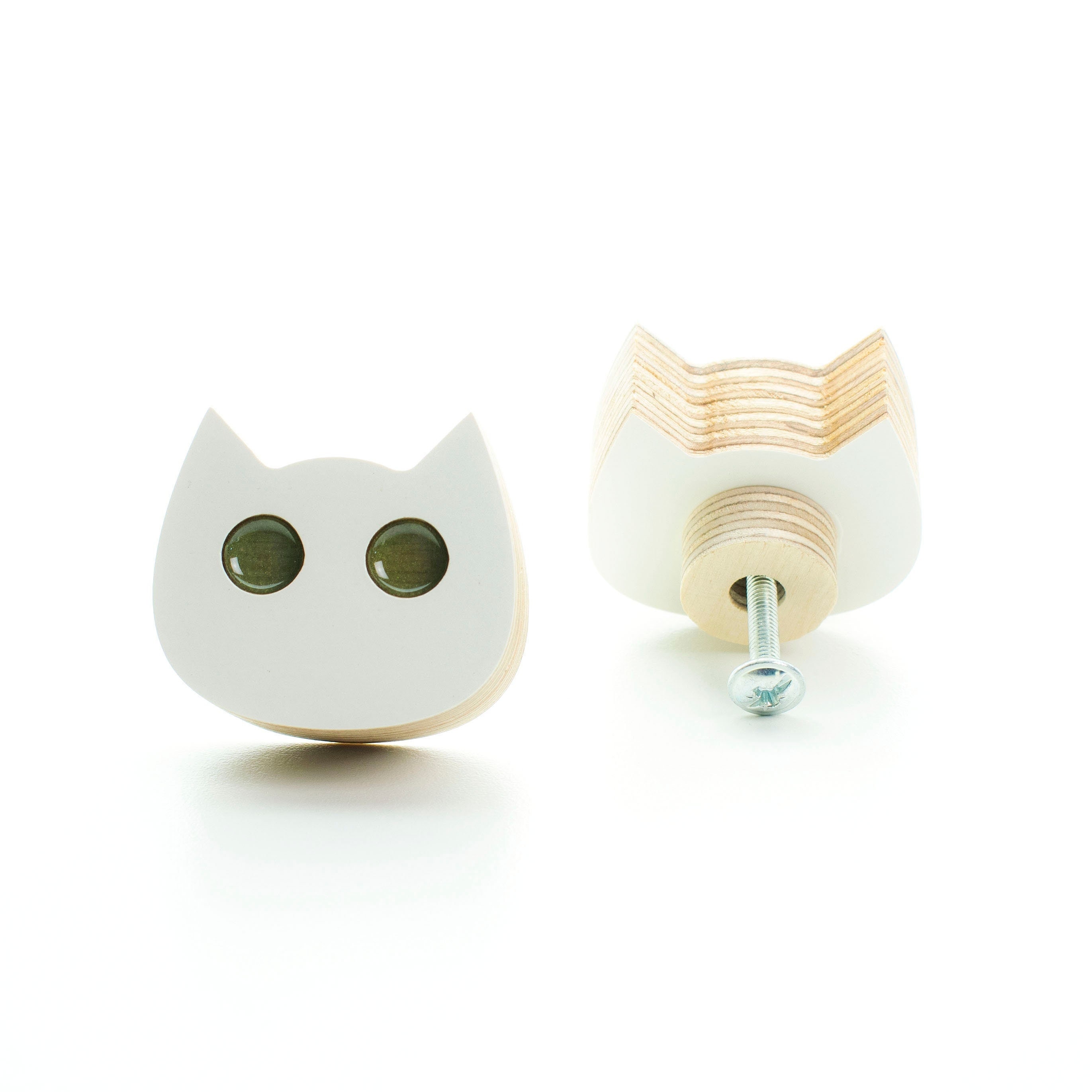 bouton de tiroir kitty chat yeux verts contreplaqué avec résine époxy, bouton commode, mobilier design moderne, de pour enfants, tiroir