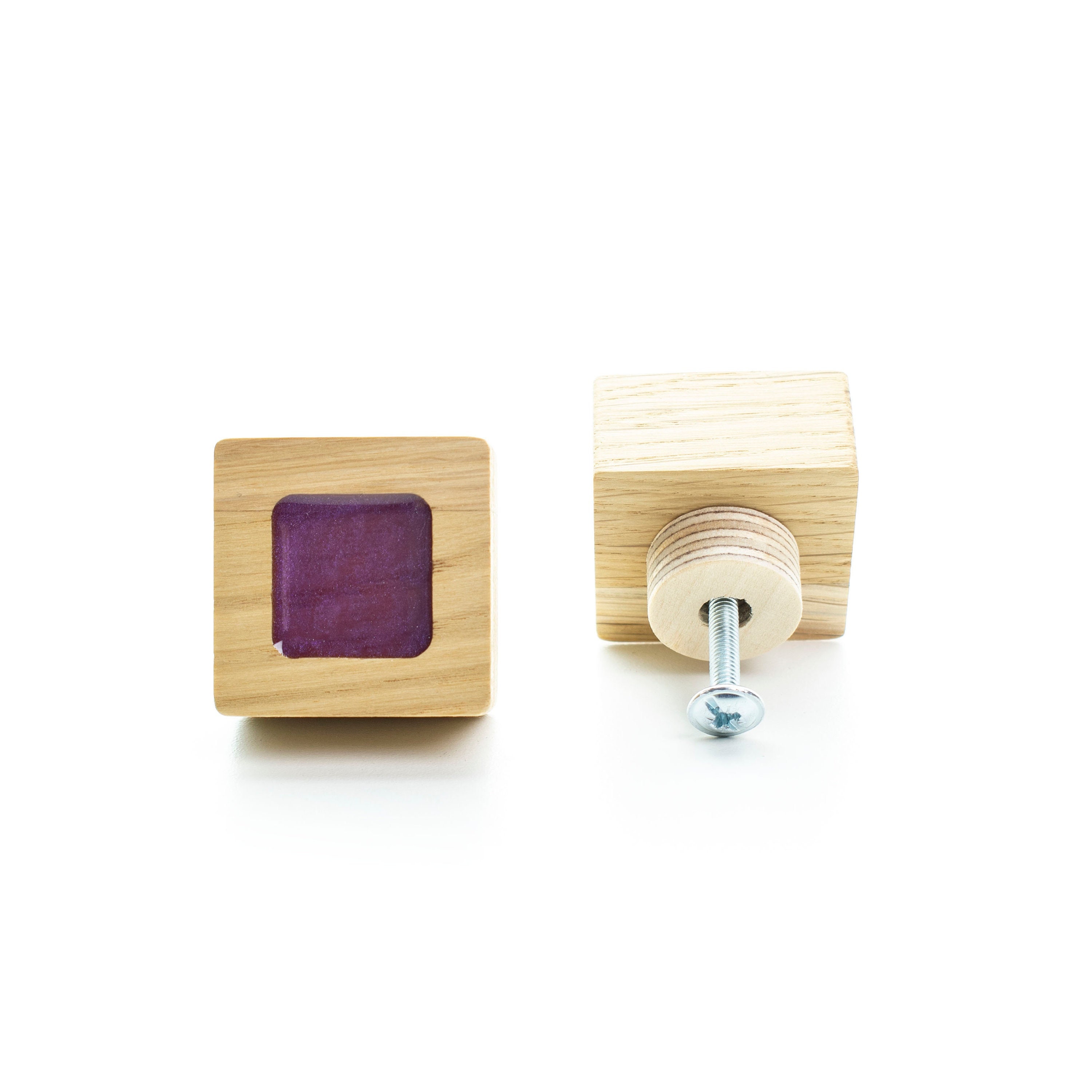 tiroir knob violet perle bois de chêne avec résine époxy, bouton commode carré, mobilier design moderne, meuble élégant, tiroirs