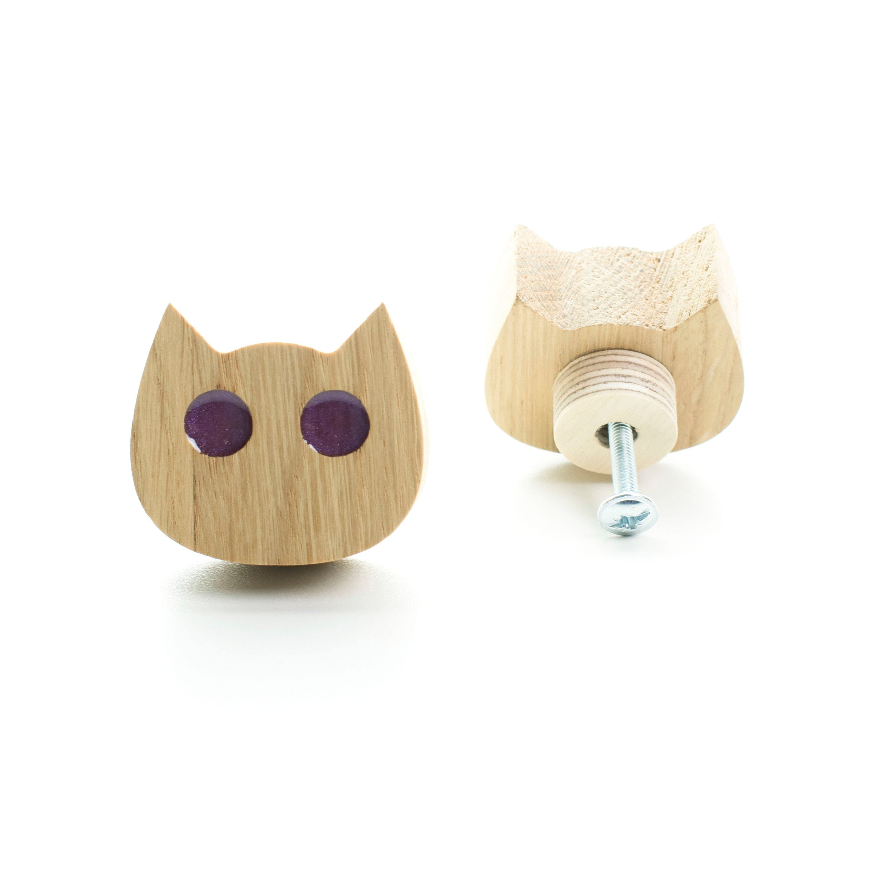drawer knob kitty chat yeux violets bois de chêne avec résine époxy, bouton commode fleurs, mobilier design moderne, pour enfants, tiroir
