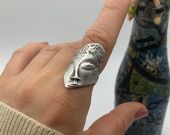 Antique Silver Face Ring, Silver Abstract Adjustable Ring,Ancient Greek Ring,Thumb Stackable Ring,Valentines Day Gift For Her,Statement Ring