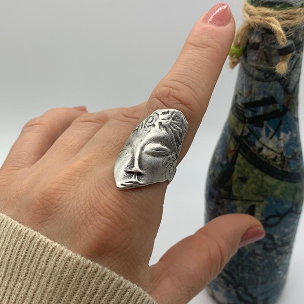 Antik Silber Gesicht Ring, Silber Abstrakter verstellbarer Ring, Altgriechisch Ring, Daumen stapelbar Ring, Valentinstag Geschenk für sie, Statement Ring