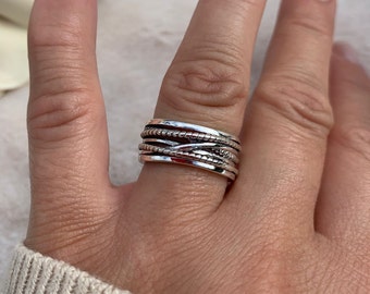 Chunky Silver Multi Layer Ring-Gift For Her/Mom-Dainty Silver Ring For Women-Thumb Adjustable Boho-Weaved Layered-First Mothers Day Present